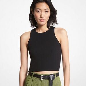 Michael Kors▪️Ribbed Recycled Viscose Blend Cropped Tank Top Black Sleeveless